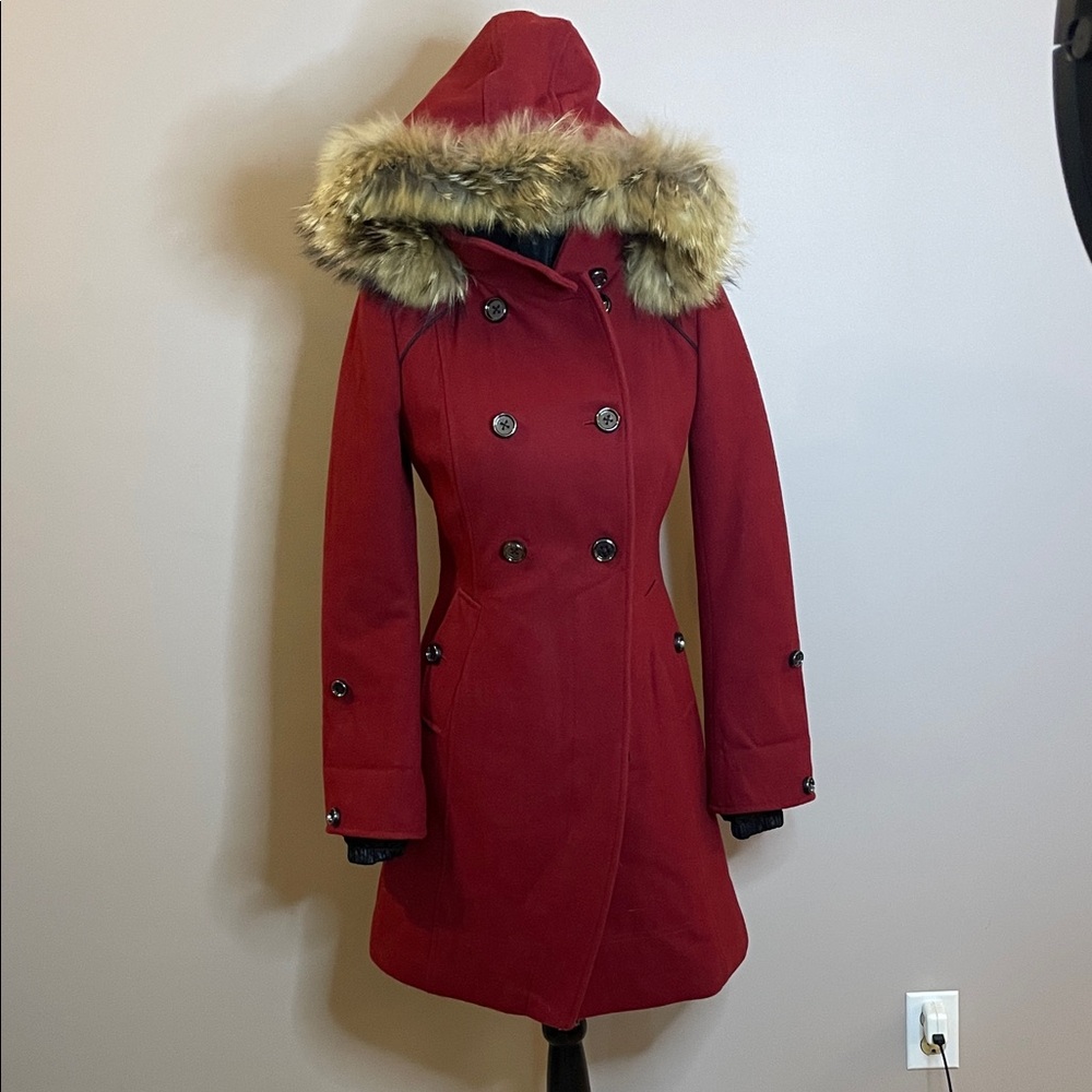 Soia & Kyo Red  Wool Jacket with Fur Hood